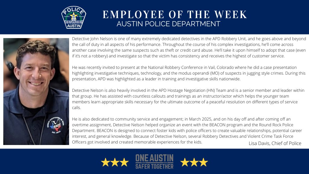 APDChiefDavis's tweet image. I am thrilled to announce APD Robbery Detective John Nelson as our Employee of the Week. Day in and day out, Detective Nelson shows his dedication, determination, and care for not only our department, he also shows it for our community. Keep making us proud, Detective Nelson!