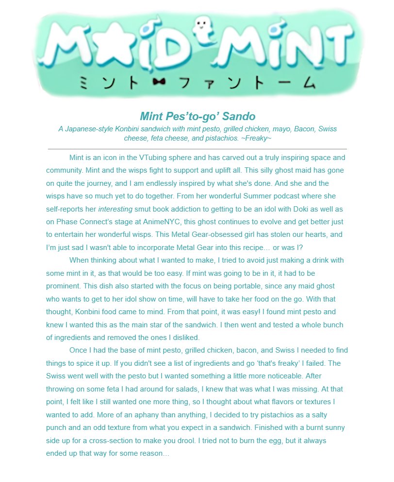 HeinousHandsaw's tweet photo. Finally, the third recipe from my VTuber Inspired recipes, VDining! 
Today we have the Freak Fantome herself and a freaky recipe to match, the Mint Pes'to-go' Sando!
@MintFantome https://t.co/BntRrkWueg