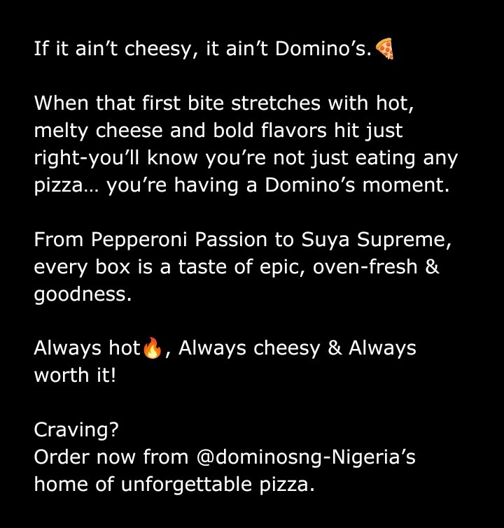 Didi❤️ (@destiny_gerald1) on Twitter photo <a href="/Extrastiv/">Extrastiv</a> <a href="/dominosng/">Domino’s Pizza Nigeria</a> Day 42
<a href="/Extrastiv/">Extrastiv</a> <a href="/dominosng/">Domino’s Pizza Nigeria</a>
#60Dayscopywritingchallenge <a href="/Extrastiv/">Extrastiv</a> <a href="/dominosng/">Domino’s Pizza Nigeria</a> Day 42
<a href="/Extrastiv/">Extrastiv</a> <a href="/dominosng/">Domino’s Pizza Nigeria</a>
#60Dayscopywritingchallenge