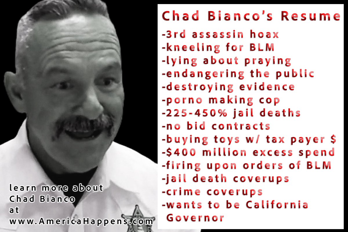 Resume for Governor of California - Sheriff Chad Bianco 

3rd assassin hoax: x.com/notvemmiller/s…
Kneeling for BLM and lying about it: 
x.com/notvemmiller/s…
Endangering the Public: 
x.com/iheartmindy/st…
No Bid Contracts:
x.com/notvemmiller/s…
x.com/iheartmindy/st…
