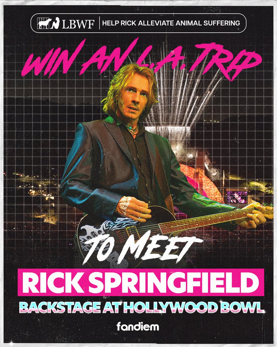 I'm giving away a trip to meet me backstage at my show in L.A. to help save abused and abandoned animals! Help me alleviate animal suffering, and you could be joining me backstage in L.A.
xxoo
Rick
Sweeps open worldwide.
Donate to win here: fandiem.com/rickspringfield