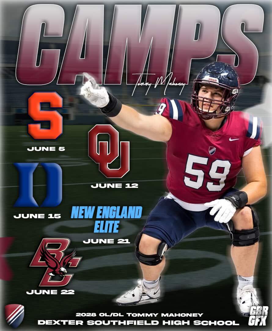 Tommy Mahoney (@tommymahoney99) on Twitter photo Here is my 2025 Camp schedule. Can't wait to get out there and compete!
<a href="/drwilliams131/">Dale Williams</a> <a href="/allpraisesdue7/">Stack Williams</a> <a href="/OU_CoachB/">Bill Bedenbaugh</a> <a href="/_ClaytonWoods/">Clayton Woods</a> <a href="/JeffNorrid1/">Jeff Norrid</a> <a href="/Coach_Applebaum/">Matt Applebaum</a> <a href="/Coach_JDiBiaso/">Jonathan DiBiaso</a> <a href="/CoachCDay/">Casey Day</a> <a href="/coachdinofb/">Dan DiNicola</a> <a href="/speedcoachDB/">Dana Barry</a> <a href="/NE6FB_Recruits/">NE-Recruits</a> Here is my 2025 Camp schedule. Can't wait to get out there and compete!
<a href="/drwilliams131/">Dale Williams</a> <a href="/allpraisesdue7/">Stack Williams</a> <a href="/OU_CoachB/">Bill Bedenbaugh</a> <a href="/_ClaytonWoods/">Clayton Woods</a> <a href="/JeffNorrid1/">Jeff Norrid</a> <a href="/Coach_Applebaum/">Matt Applebaum</a> <a href="/Coach_JDiBiaso/">Jonathan DiBiaso</a> <a href="/CoachCDay/">Casey Day</a> <a href="/coachdinofb/">Dan DiNicola</a> <a href="/speedcoachDB/">Dana Barry</a> <a href="/NE6FB_Recruits/">NE-Recruits</a>