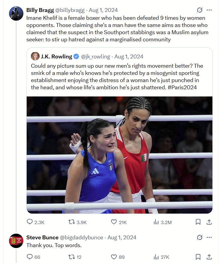 <a href="/NathalieTocci/">Nathalie Tocci</a> Name and shame: Steve Bunce

As the BBC boxing correspondent, he spread the lies &amp; misogyny far and wide, telling the world Imane Khelif was female, and insulting anyone who disagreed.

x.com/bigdaddybunce/…
