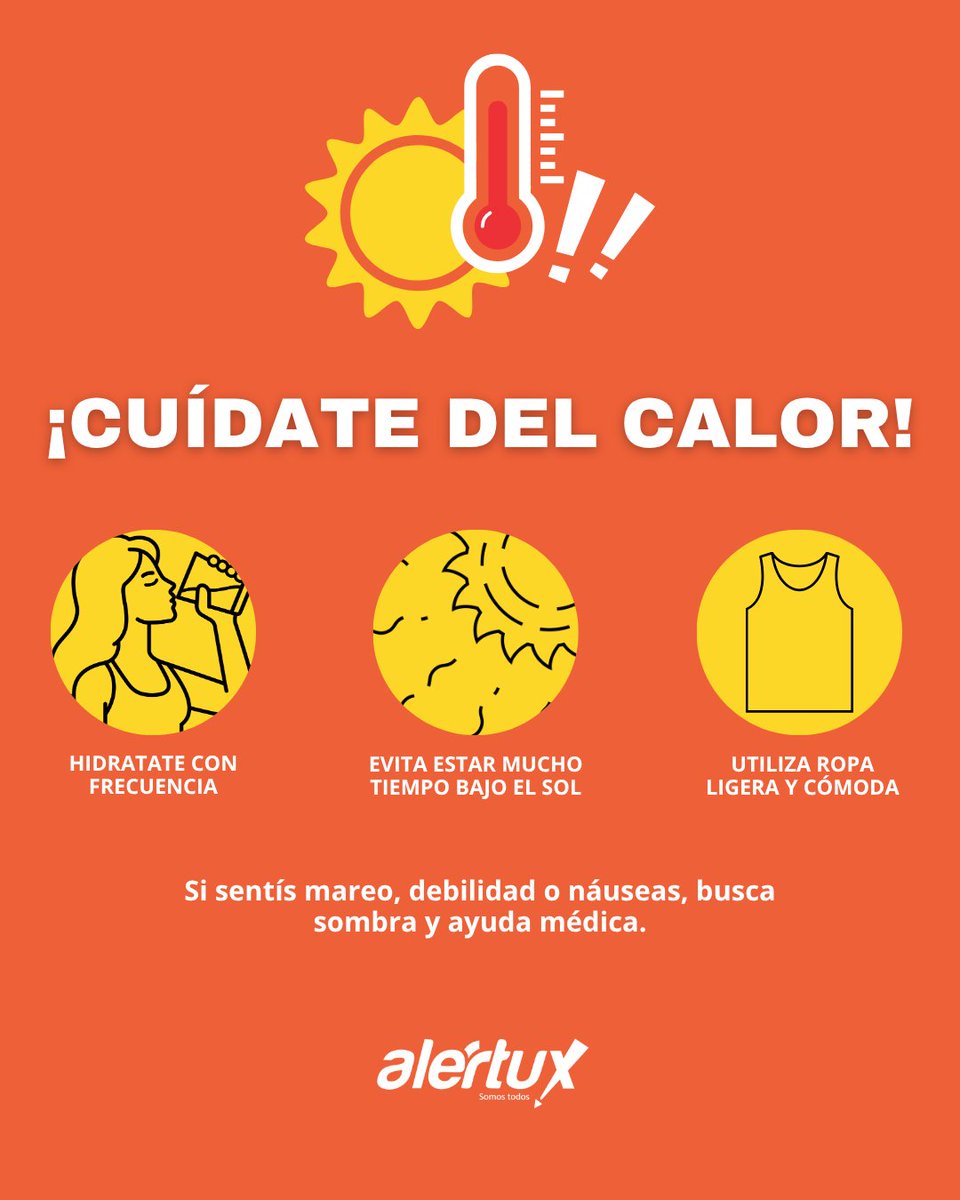 #ClimaSV #TráficoSV #AlertaSV | Durante temperaturas altas, es fundamental mantenerte hidratado, vestir ropa ligera y evitar la exposición prolongada al sol.

Protege tu salud y evita un golpe de calor.