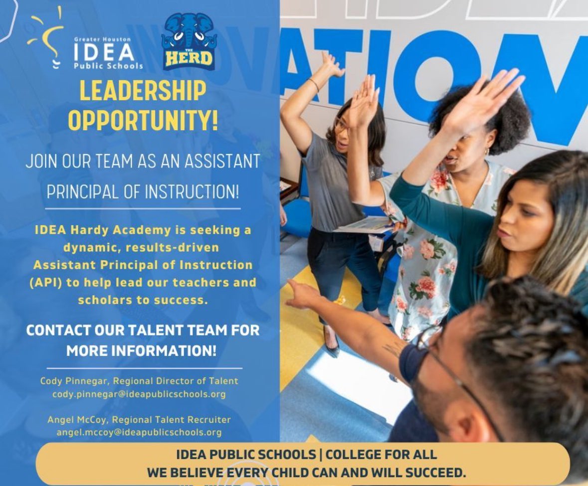 We're Hiring! Join Our Team as Assistant Principal of Instruction

 📍 IDEA Hardy Academy | Houston, TX

Are you a passionate instructional leader ready to make a lasting impact? IDEA Hardy Academy is seeking a dynamic, results-driven Assistant Principal of Instruction (API).