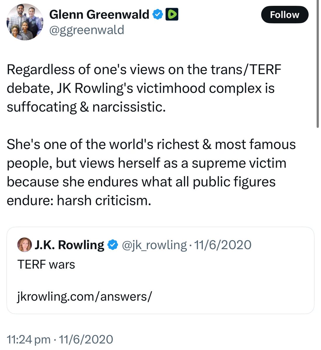 I’ve long had a theory that the men who go after women for opposing men fetishizing women are themselves doing it in private by wearing “women’s clothes” for sexual gratification. I think more men do it than we realize.

Anyho, have a look at why Glenn Greenwald is trending…