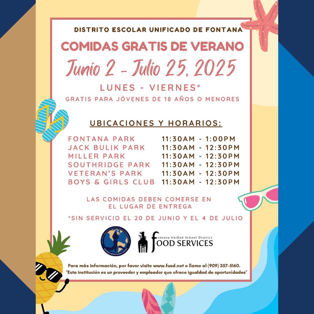 Join us for FUSD Sumer Meal program Monday to Friday starting June 2 through July 25 at 6 locations district wide!