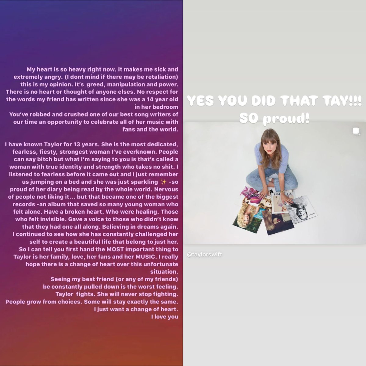 Em 2019, Selena Gomez veio a público, por meio de suas redes sociais, para demonstrar apoio a Taylor Swift após a cantora anunciar que havia perdido os direitos de seu catálogo. Hoje, cinco anos depois, Selena volta aos seus stories para comemorar que Taylor recuperou suas