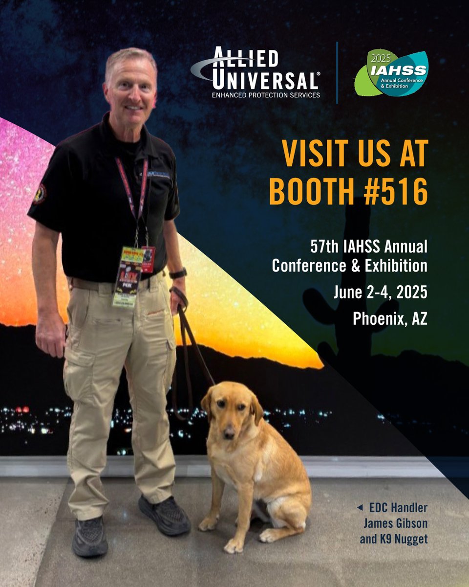 Come meet K9 Nugget and Handler James Gibson at the Allied Universal booth (#516) during the 57th IAHSS Annual Conference. Stop by June 2–3 to learn how canine detection is helping strengthen healthcare security.

#IAHSS2025 #K9Security #AlliedUniversal #CanineDetection
