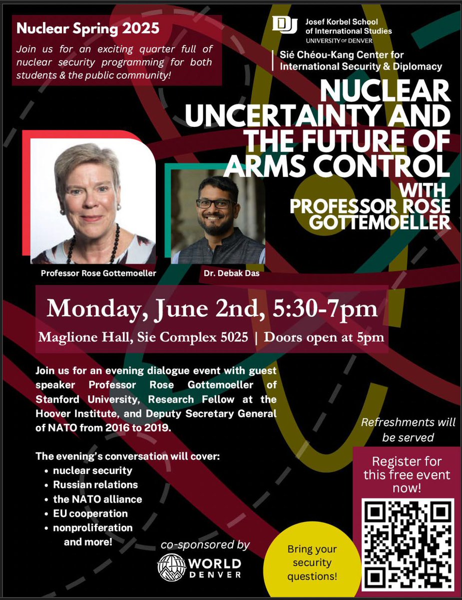 🚨Denver folks!

Join us next Monday for a conversation on "Nuclear Uncertainties &amp; the Future of Arms Control" with Rose Gottemoeller at Josef Korbel School of International Studies at the University of Denver! 

Date: June 2, 2025
Time: 5:30pm 
Register: crimsonconnect.du.edu/KOR/rsvp_boot?…