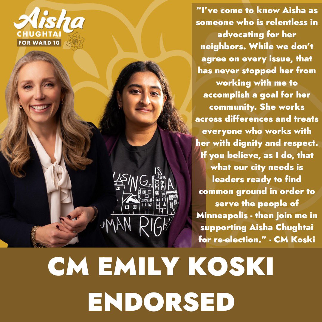 aishaforward10's tweet image. I’m so honored to be endorsed by my friend and colleague @emilykoskimpls!
Emily and I have worked across our differences to achieve important wins for Minneapolis residents. Ward 10 Delegates, I hope you’ll vote for me at Convention tomorrow.