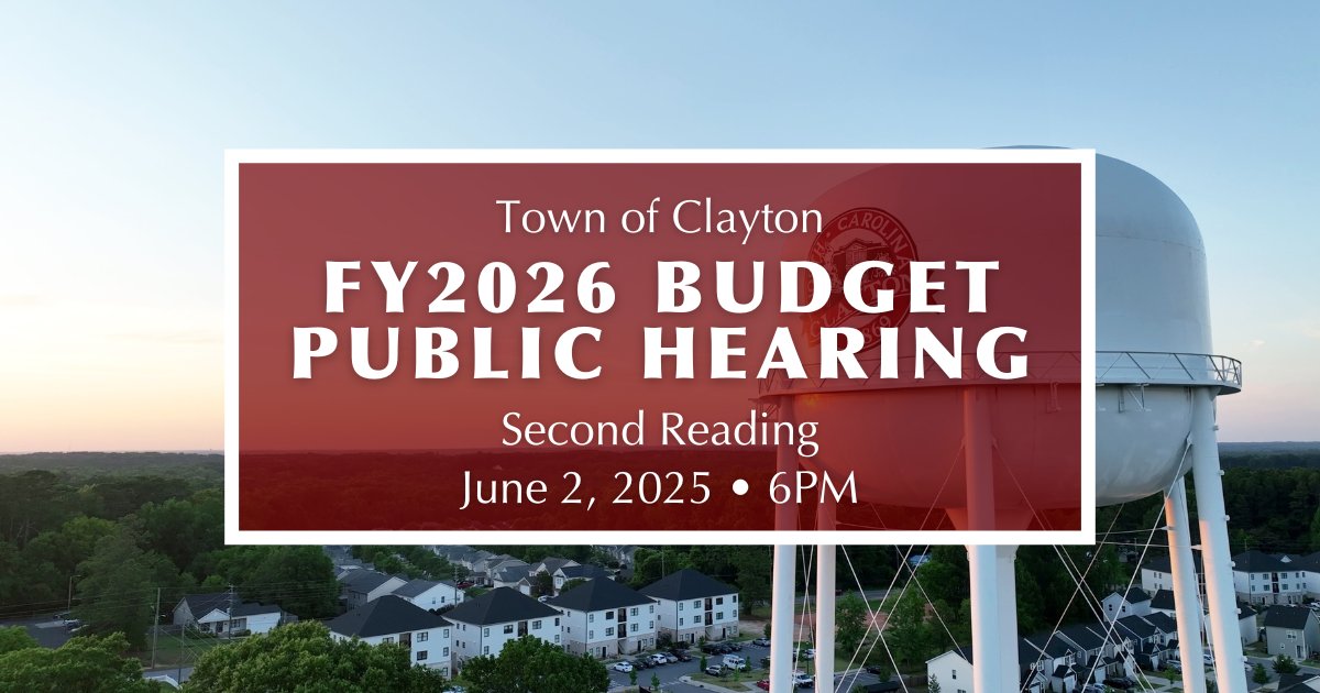 Clayton Town Council will hold a regular meeting on Mon, June 2at 6 pm. The meeting is at Town Hall (111 East Second St) &amp; open to the public. 

Meeting includes the FY26 Budget 2nd Reading/Public Hearing &amp; Potential Adoption by Town Council. Learn more: info.ClaytonNC.org/Z31G50W1Wra