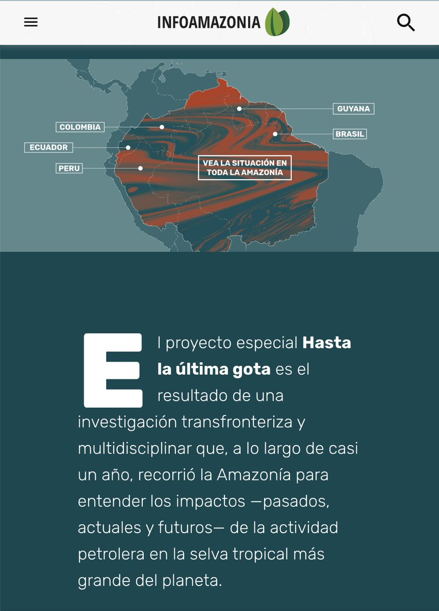Foro Nacional Ambiental (@fnambiental) on Twitter photo #Reportaje | <a href="/InfoAmazoniaEsp/">InfoAmazonia en Español</a>
"No bastaron las cinco décadas de daños medioambientales. Una nueva fiebre petrolera se avecina en la Amazonía" #HastaLaÚltimaGota
Historias de Colombia, Ecuador, Perú, Guyana y Brasil.
👇🏾👇🏾🇨🇴🇪🇨🇵🇪🇬🇾🇧🇷
infoamazonia.org/es/project/has… #Reportaje | <a href="/InfoAmazoniaEsp/">InfoAmazonia en Español</a>
"No bastaron las cinco décadas de daños medioambientales. Una nueva fiebre petrolera se avecina en la Amazonía" #HastaLaÚltimaGota
Historias de Colombia, Ecuador, Perú, Guyana y Brasil.
👇🏾👇🏾🇨🇴🇪🇨🇵🇪🇬🇾🇧🇷
infoamazonia.org/es/project/has…