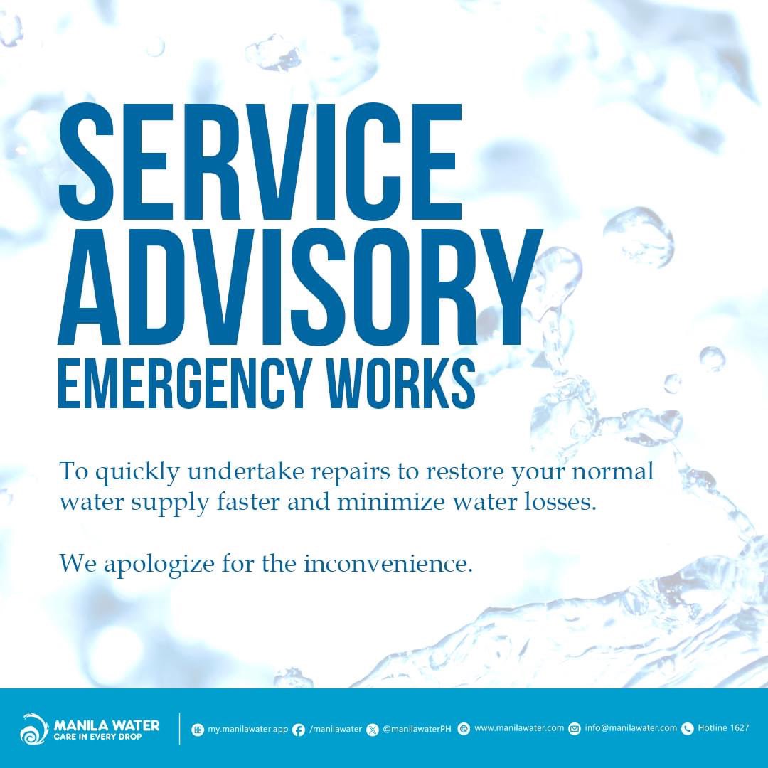SERVICE ADVISORY: Ongoing EMERGENCY leak repair at Marigman Road beside O-Save, Brgy. San Roque, Antipolo City causing temporary water interruption in the following areas until 12:00 NN of May 31, 2025.

Parts of Brgy. San Roque:
- Along Margiman Road
- Galang Compound
- Golden