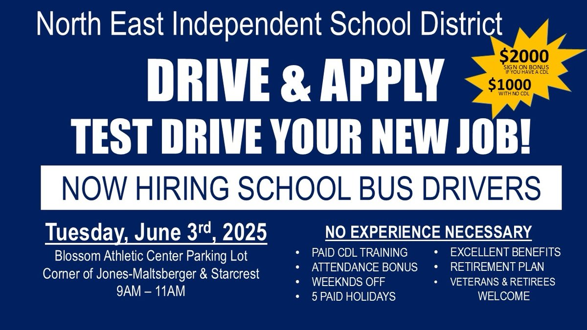 🚍 Ever wanted to test drive a school bus? Now’s your chance!
NEISD is hiring bus drivers!
💰 $2,000 CDL bonus
💰 $1,000 w/o CDL + paid training
✅ 40-hr week &amp; great benefits
🗓 Test drive &amp; apply June 3 at our Career Fair!
neisd.net/Page/2#calenda…