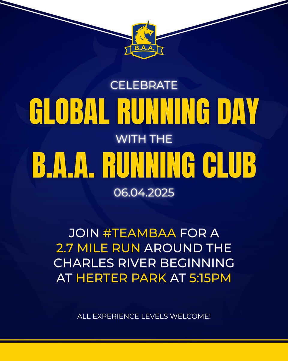 Boston Athletic Association (@baa) on Twitter photo Ever thought of joining the <a href="/BAA/">Boston Athletic Association</a> Running Club? Hereβs your chance! Join <a href="/RunTeamBAA/">Team B.A.A.</a> next Wednesday, June 4th for a run celebrating #GlobalRunningDay!ππ
The run will begin at Herter Park at 5:15PM and run 2.7 miles around the Charles River. All experience levels welcome!π¦ Ever thought of joining the <a href="/BAA/">Boston Athletic Association</a> Running Club? Hereβs your chance! Join <a href="/RunTeamBAA/">Team B.A.A.</a> next Wednesday, June 4th for a run celebrating #GlobalRunningDay!ππ
The run will begin at Herter Park at 5:15PM and run 2.7 miles around the Charles River. All experience levels welcome!π¦