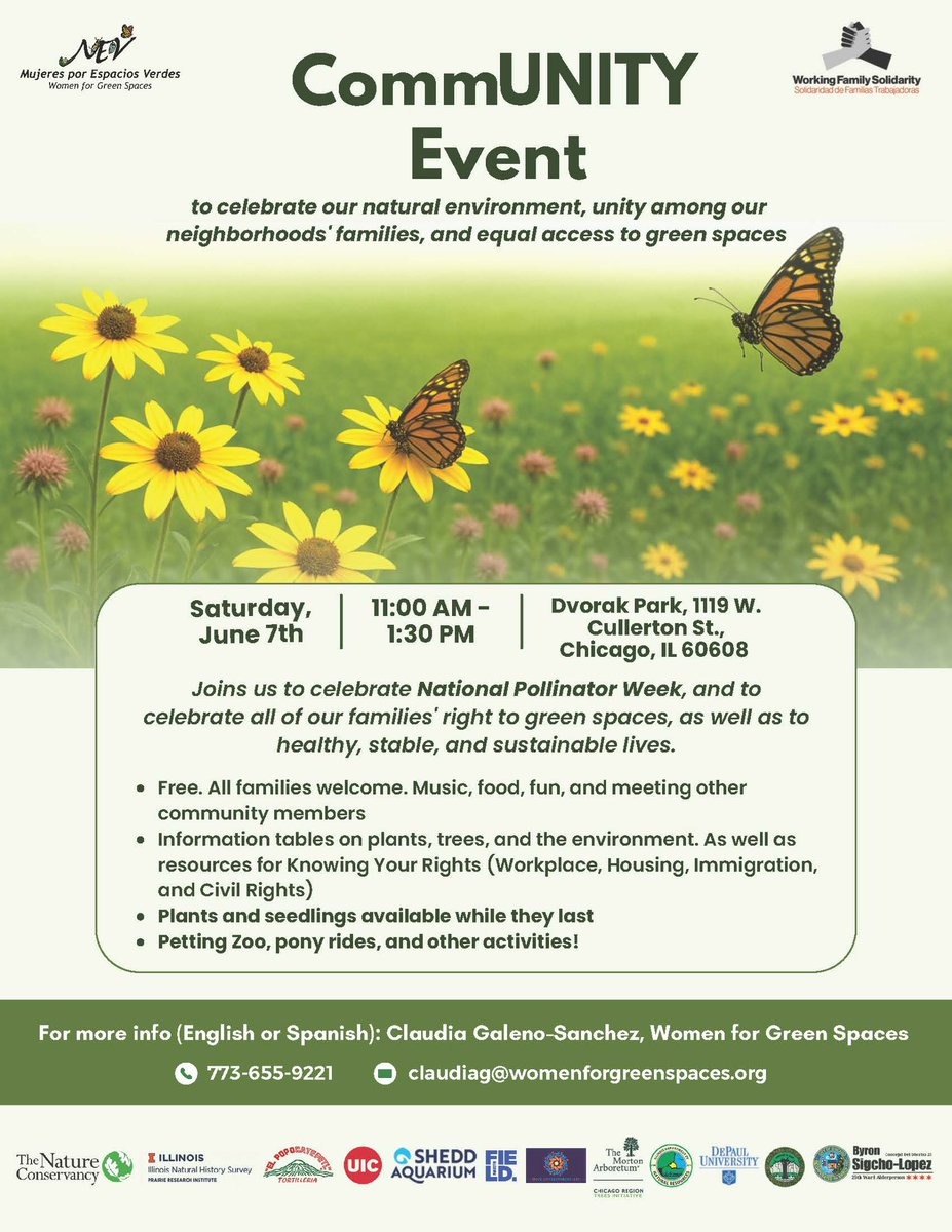 WorkingFamilySolidarity (@wfs_chicago) on Twitter photo 🌱 FREE family event!
Join us Sat, June 7 • 11AM–1:30PM at Dvorak Park (1119 W. Cullerton) for a CommUNITY Celebration 🌻
🎶 Food, pony rides, petting zoo, plants, & info on rights + environment!
Details: claudiag@womenforgreenspaces.org | 773-655-9221
#PollinatorWeek 🌱 FREE family event!
Join us Sat, June 7 • 11AM–1:30PM at Dvorak Park (1119 W. Cullerton) for a CommUNITY Celebration 🌻
🎶 Food, pony rides, petting zoo, plants, & info on rights + environment!
Details: claudiag@womenforgreenspaces.org | 773-655-9221
#PollinatorWeek
