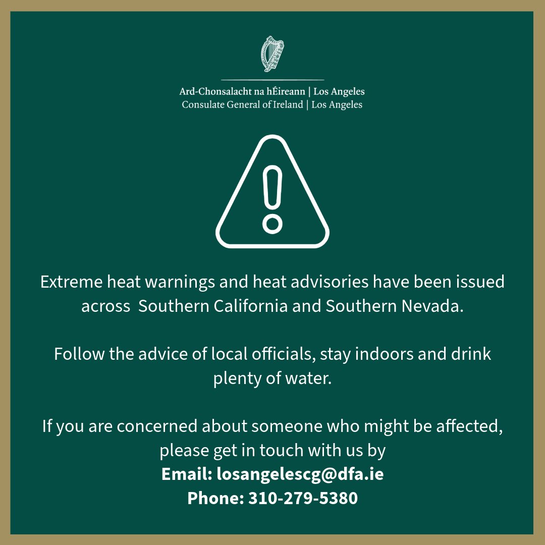 Consulate General of Ireland, Los Angeles (@irelandinla) on Twitter photo ๐จ Extreme heat warnings and heat advisories have been issued across Southern CA & NV.
Follow the advice of local officials, stay indoors and drink plenty of water.
<a href="/NWSVegas/">NWS Las Vegas</a> <a href="/NWSLosAngeles/">NWS Los Angeles</a> ๐จ Extreme heat warnings and heat advisories have been issued across Southern CA & NV.
Follow the advice of local officials, stay indoors and drink plenty of water.
<a href="/NWSVegas/">NWS Las Vegas</a> <a href="/NWSLosAngeles/">NWS Los Angeles</a>