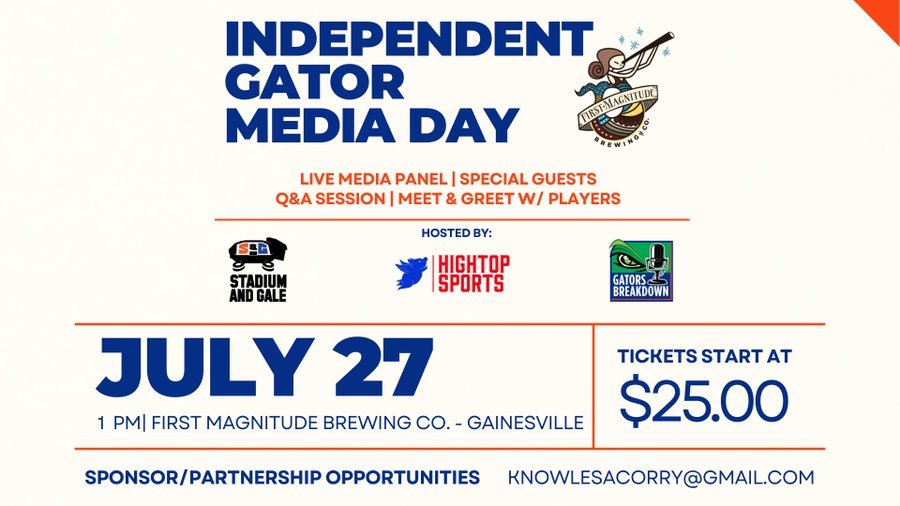 Stadium and Gale: A Florida Gators Podcast (@stadiumandgale) on Twitter photo The gears are in motion and we are setting up a fantastic event at First Magnitude Brewing on July 27th!
Join us, <a href="/GatorsBreakdown/">Gators Breakdown</a>, and <a href="/hightopsport/">Hightop Sports</a>!
Tickets: posh.vip/e/the-inaugura… The gears are in motion and we are setting up a fantastic event at First Magnitude Brewing on July 27th!
Join us, <a href="/GatorsBreakdown/">Gators Breakdown</a>, and <a href="/hightopsport/">Hightop Sports</a>!
Tickets: posh.vip/e/the-inaugura…