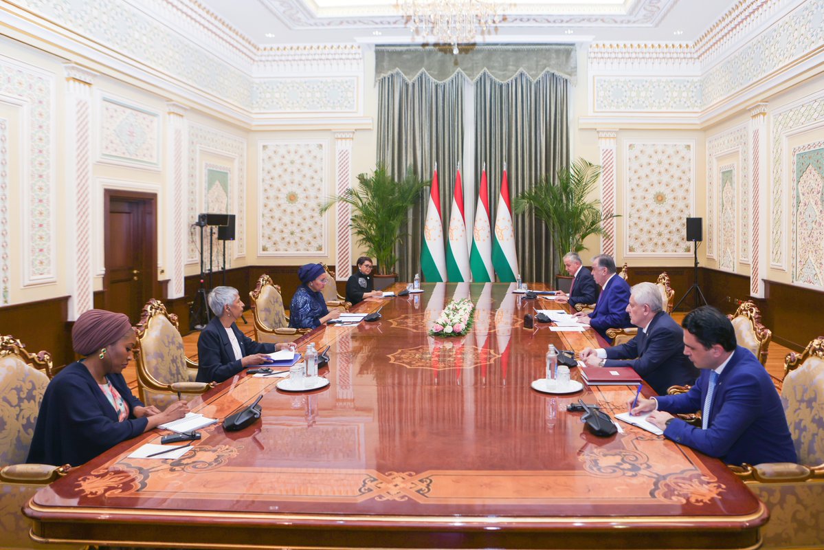 Amina J Mohammed (@aminajmohammed) on Twitter photo Tajikistan is showing bold climate leadership — protecting glaciers, reducing disaster risks, and advancing the SDGs.
With President Emomali Rahmon, I reaffirmed <a href="/UN/">United Nations</a>’s commitment to a strong, action-driven partnership for people and planet. Tajikistan is showing bold climate leadership — protecting glaciers, reducing disaster risks, and advancing the SDGs.
With President Emomali Rahmon, I reaffirmed <a href="/UN/">United Nations</a>’s commitment to a strong, action-driven partnership for people and planet.