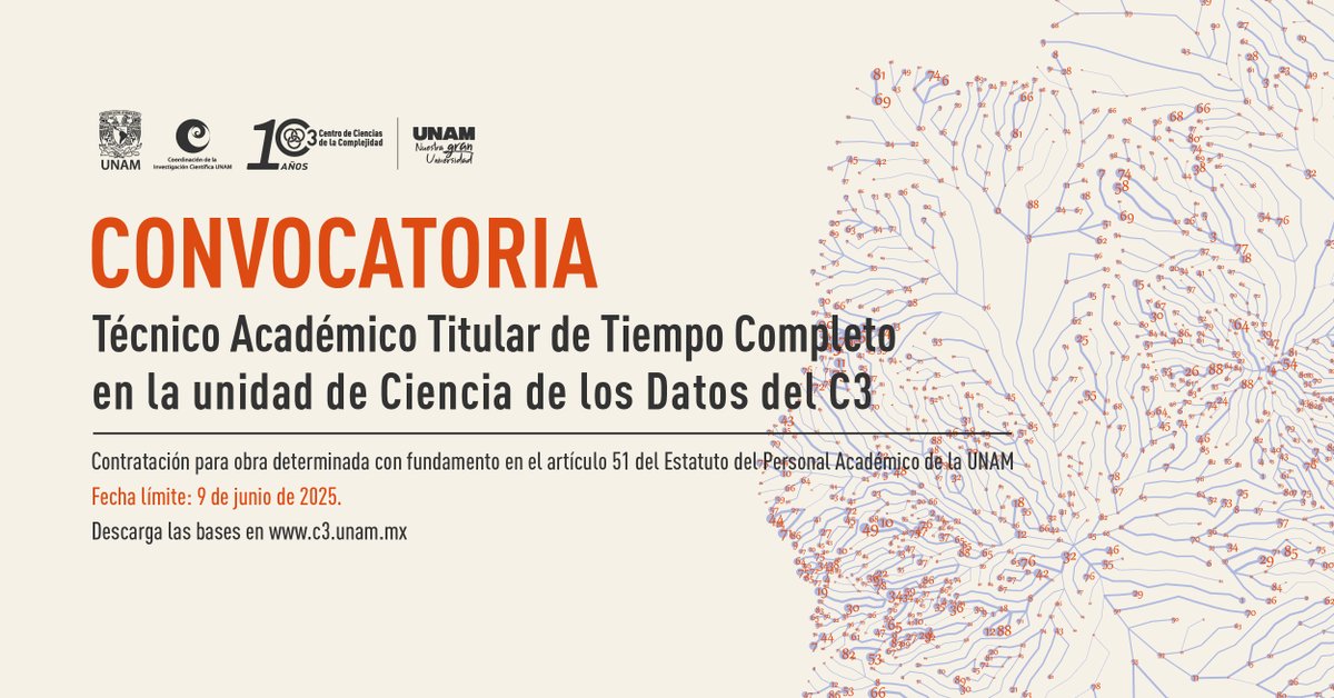 ¿Te apasiona la Ciencia de Datos? ¿Conoces a alguien experto en Ciencia de Datos?
Buscamos Técnico Académico Titular de Tiempo Completo para unirse a la unidad de Ciencia de Datos del #C3UNAM.
Consulta la convocatoria completa en: c3.unam.mx/convocatorias-…
#ConvocatoriaUNAM