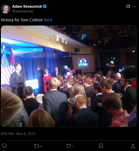 zxcvasdf6789_'s tweet photo. @adamkovac Victory for Tom Cotton! #ar4 #SorryFolxButThisIsWhatTheBigTentIsAllAboutIfItsTooSmallToFitTomCottonItsTooSmallForAdamKovacevich https://t.co/fK0OE4aRUv