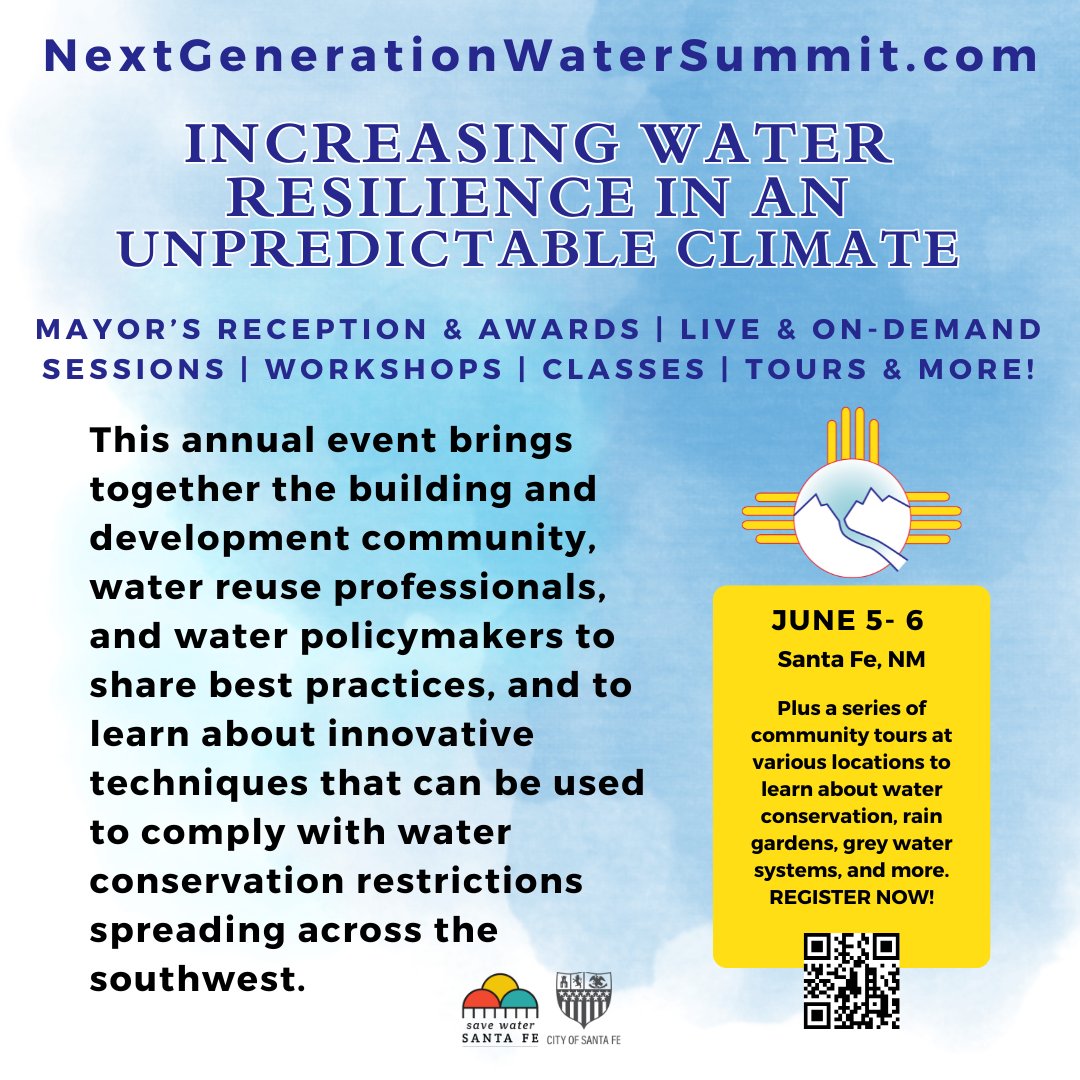 🌊 Join the 2025 Next Gen Water Summit!
📅 June 5–6 at the NM Roundhouse + virtual
🎤 Keynotes: Deb Haaland &amp; Mary Ann Dickinson
✅ 25+ sessions, networking &amp; more
🔗 bit.ly/3S909lg
#NextGenWater #WaterSummit2025 #SantaFe
