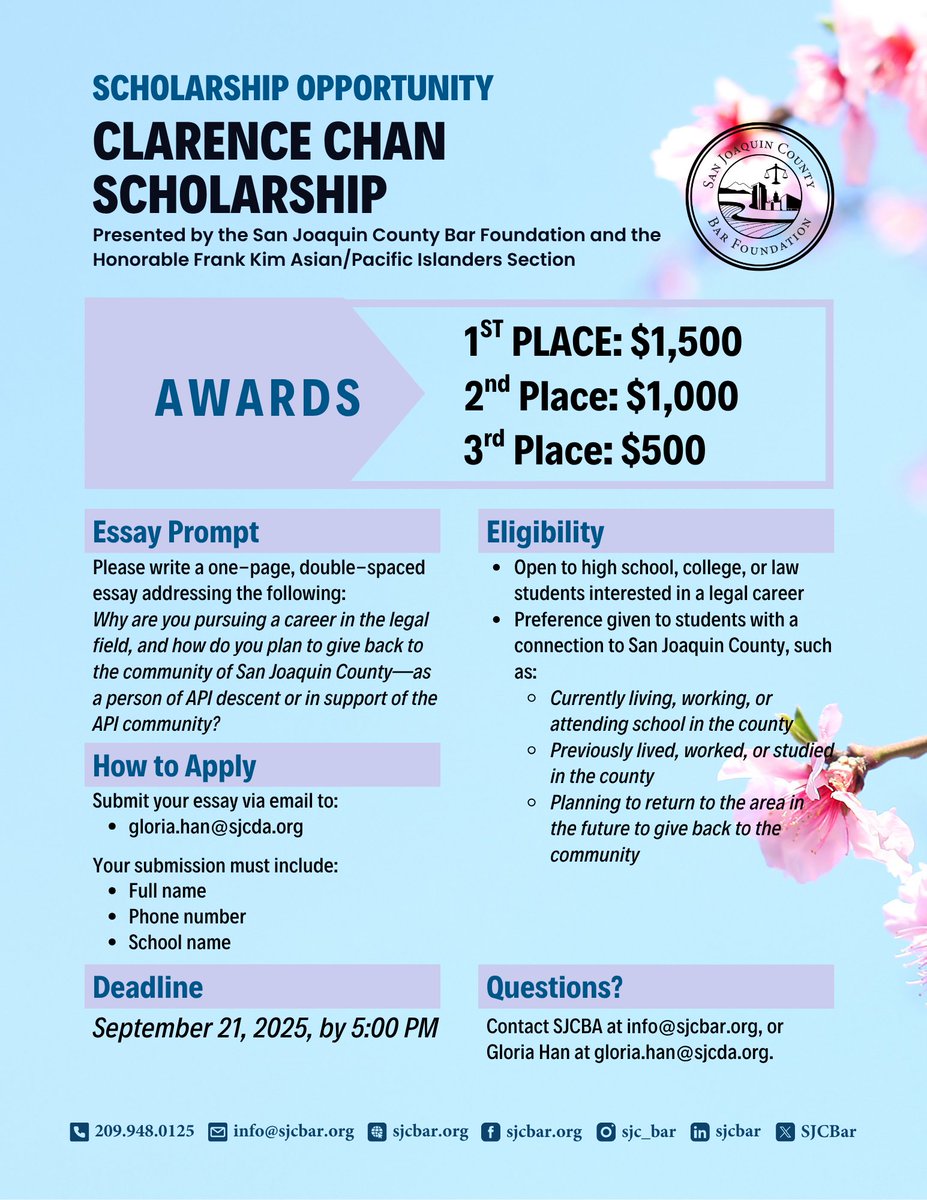 The San Joaquin Co. Bar Foundation &amp; the #SJCBA Honorable Frank Kim Asian/Pacific Islanders Section are proud to announce that applications are now open for the 2025 Clarence Chan Scholarship! Visit sjcbar.org/ChanScholarship for full details.  #SJCBFoundation #SJCBAR #scholarship