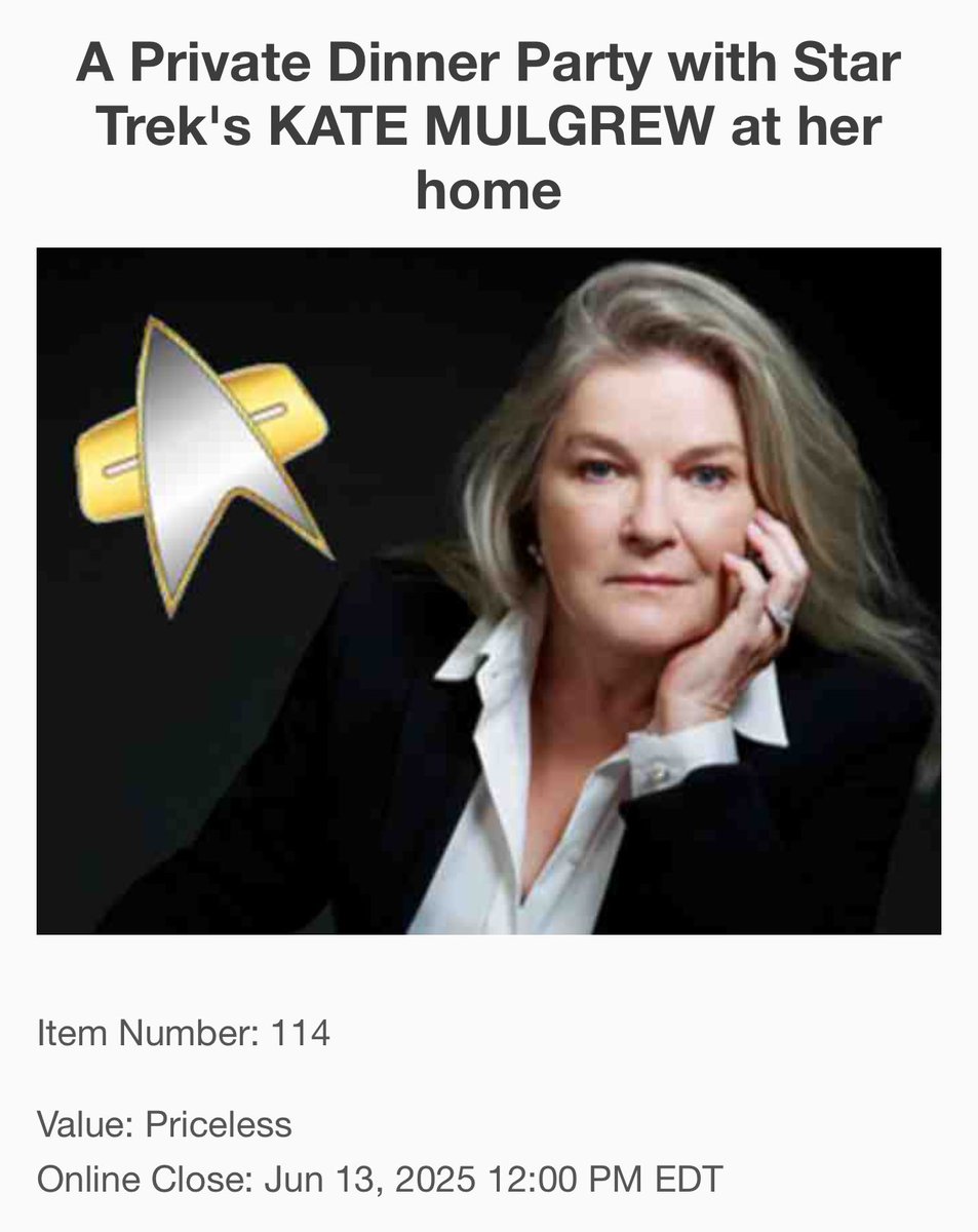 OnlyTheJaneway's tweet photo. The @IrishRep’s auction is now live. Bid to join Kate Mulgrew as she hosts a dinner party in her home. Details in the link: https://t.co/JpFCkbH1UJ #StarTrek #IrishRep https://t.co/QwX5B7nGCt