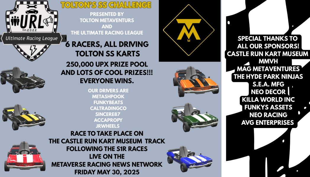 <a href="/UplandMe/">Upland</a> 
Congratulations to Jrwheels!!! He came in first place!!! He won a cool 100,000 upx and some very cool sponsor map assets. 
Big thanks to <a href="/MassChefMRNN/">MassChef | MRNN</a> and the MRNN for hosting this race!
Watch week 7, URL S1R season and catch the kart race after the finals