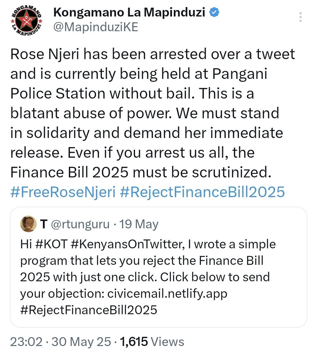 The rogue and dictatorial regime is arresting youth for submitting their views on controversial clauses in the Finance Bill 2025 despite calling for submissions either in support or against the Bill.

For instance, Rose Njeri has been arrested for highlighting and bringing to the