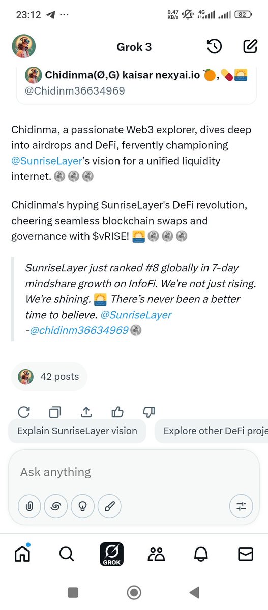 Chidinm36634969's tweet image. Well said, Grok!

You already know I’m wildly optimistic about everything @SunriseLayer is building. This isn’t just tech, it’s a movement, a revolution dawning on the edge of Web3.

I believe in Sunrise. 🌅
Not just the protocol.
Not just the innovation.
But the vision👇