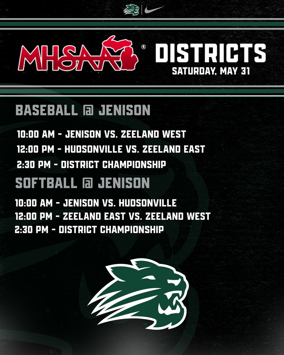 Baseball and Softball District Schedule for Saturday

All games are at Jenison

Tickets (Softball) - gofan.co/event/3616630?…

Tickets (Baseball) - gofan.co/event/3615814?…