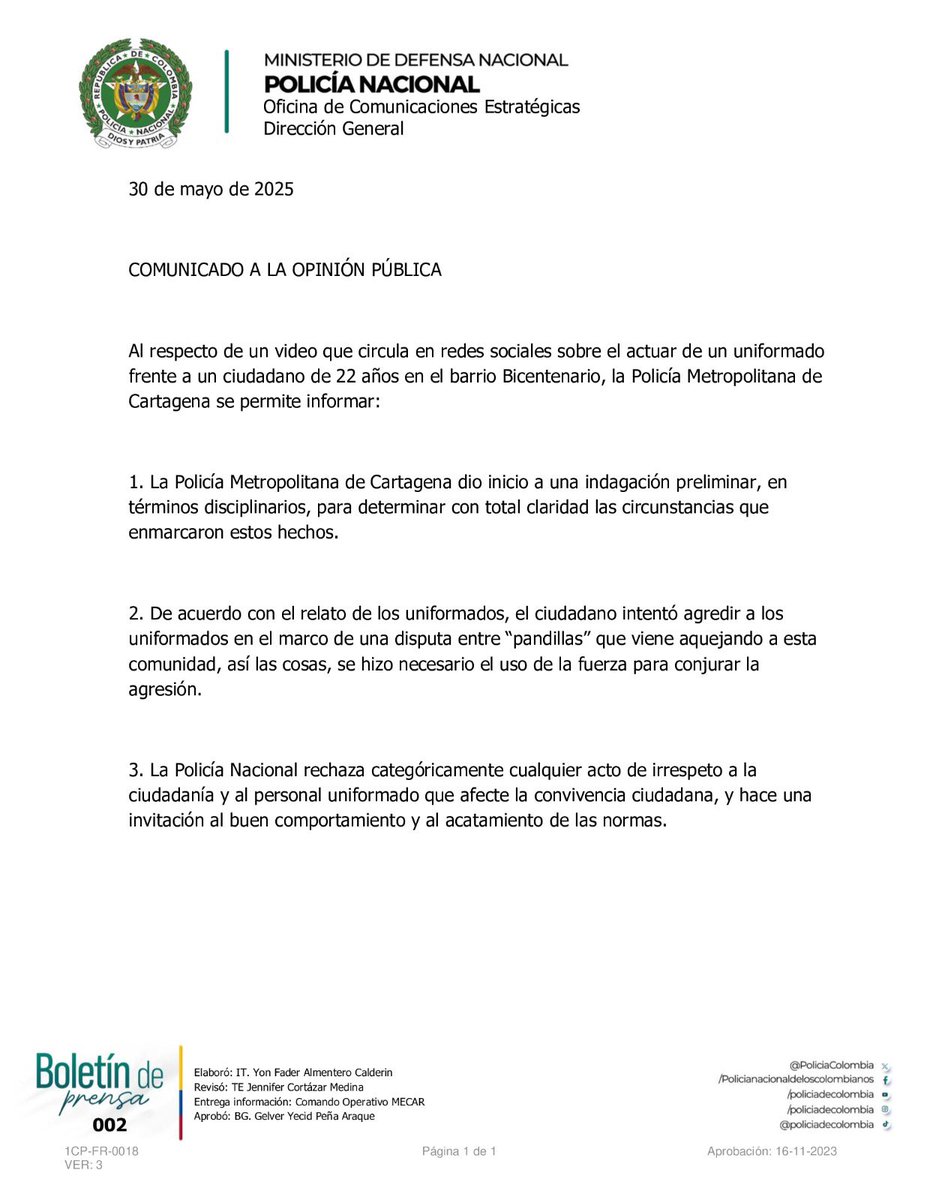La Policía Metropolitana en Cartagena se permite informar: