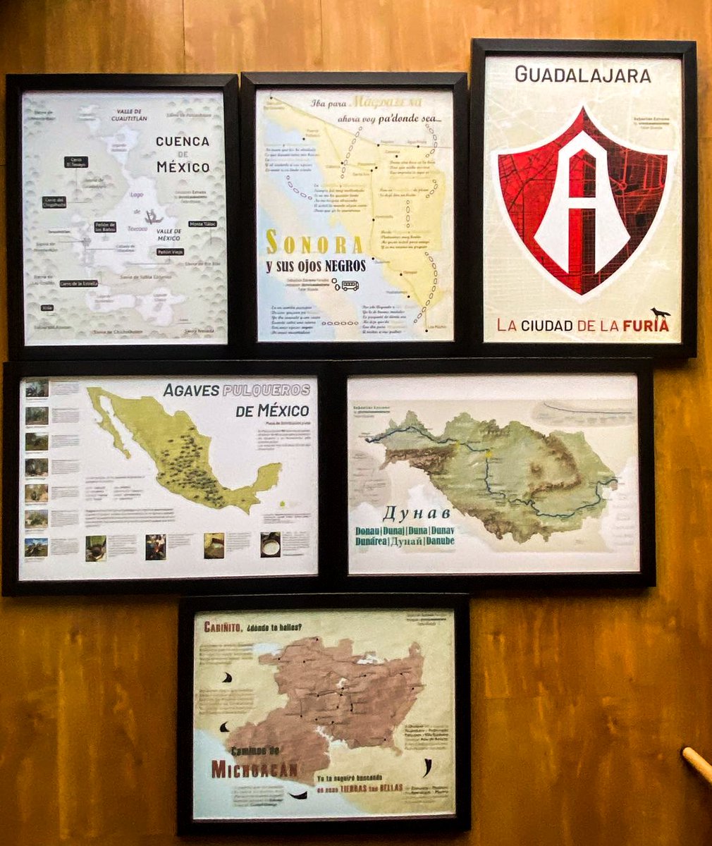 Lleven su cuadro enmarcado con vidrio antireflejante por solo $600 (28x35|40 cms)
- El lago de la cuenca de México
- Sonora y sus ojos negros
- Atlas de Guadalajara
- Agaves pulqueros de México
- La cuenca del Danubio (con topónimos en las lenguas locales)
- Caminos de Michoacán