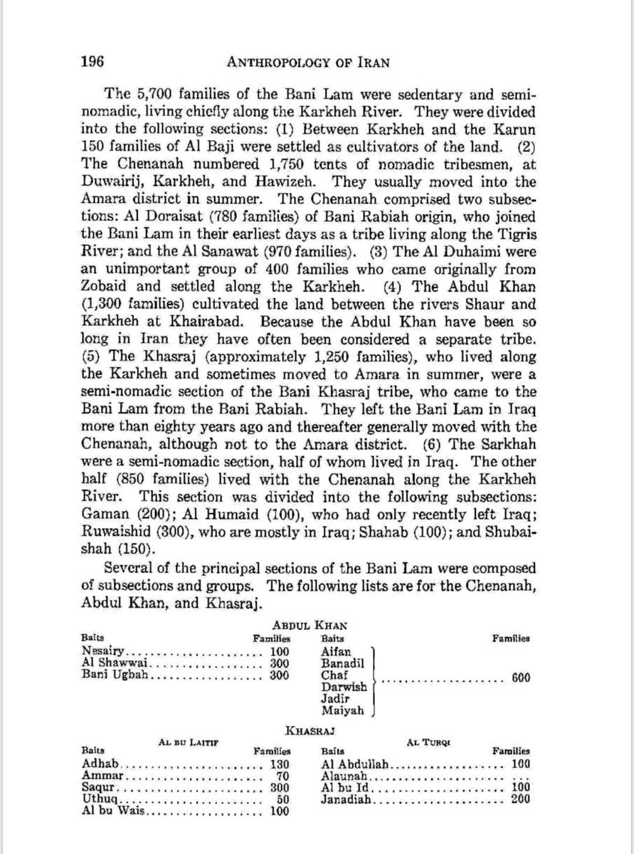 الخزرَج
حوالي 1,250 عائلة يعيشون على ضفاف الكرخة، وأحيانًا ينتقلون إلى العمارة صيفًا. وهم فرع نصف بدوي من قبيلة بني خزرَج، منحدرين من بني ربيعة. انفصلوا عن بني لام في العراق قبل أكثر من ثمانين عامًا، ومنذ ذلك الحين صاروا يتحركون غالبًا مع الچنّانة، لكن ليس باتجاه العمارة.
