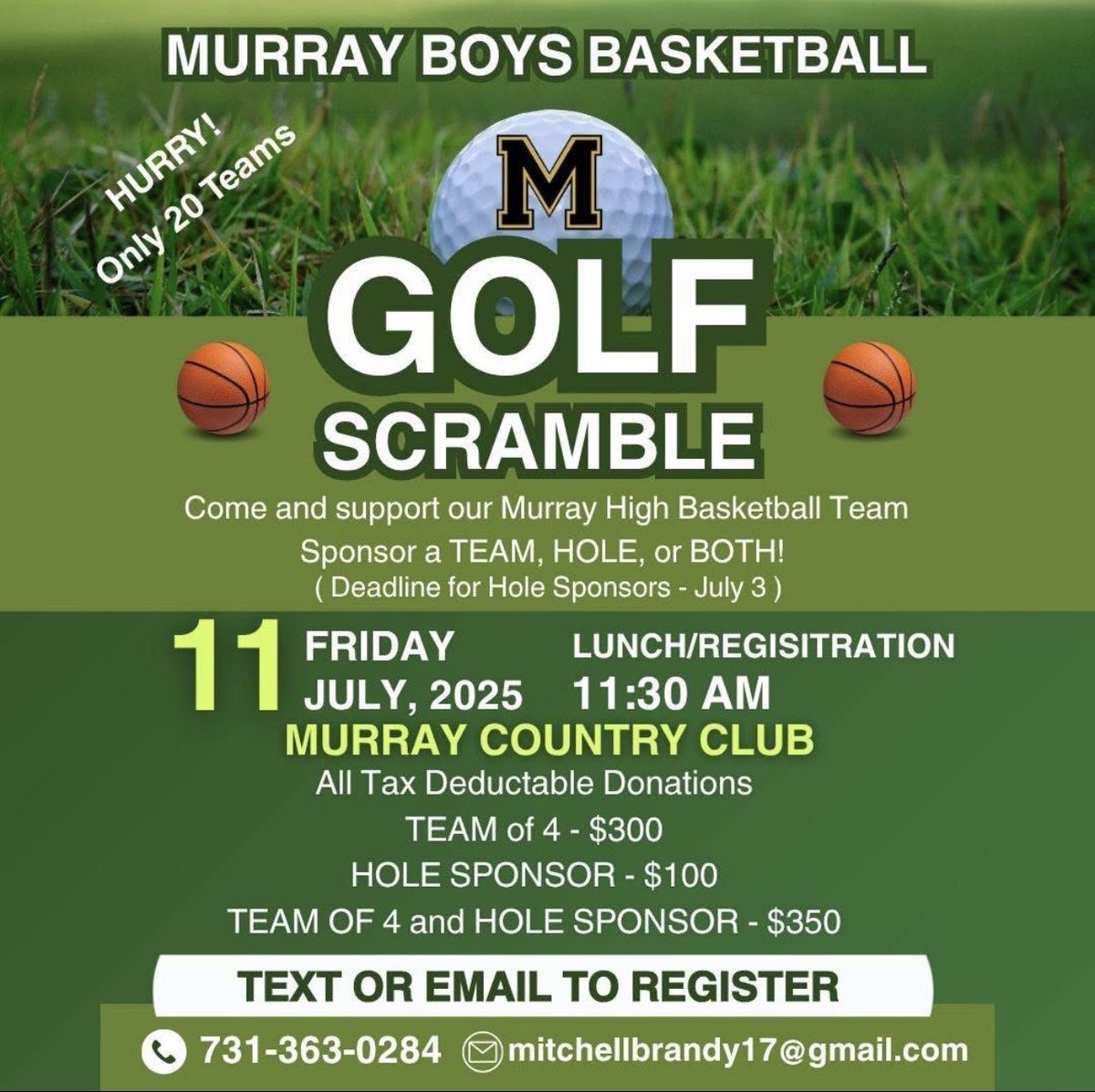 MURRAY BASKETBALL GOLF SCRAMBLE IS BACK! 🔥

Excited to start this back up and see some golfers! Teams are going quick as we’ve had 4 sign up just today. Only 16 spots remain! 🚨

(Register Here⬇️⬇️) 
forms.gle/yfRJ1jTBuVExe4…