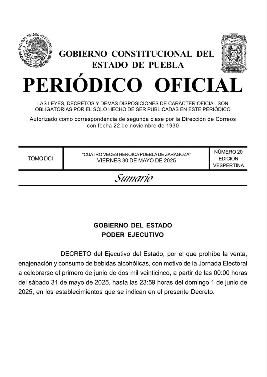 Periódico Oficial del Estado de Puebla (@poe_puebla) on Twitter photo Decreto del <a href="/Gob_Puebla/">Gobierno de Puebla</a> por el que se prohíbe la venta y consumo de bebidas alcohólicas con motivo de la Jornada Electoral, a partir de las 00:00 horas del sábado 31 de mayo de 2025, hasta las 23:59 horas del domingo 1 de junio de 2025.
🔗👇
periodicooficial.puebla.gob.mx/media/k2/attac… Decreto del <a href="/Gob_Puebla/">Gobierno de Puebla</a> por el que se prohíbe la venta y consumo de bebidas alcohólicas con motivo de la Jornada Electoral, a partir de las 00:00 horas del sábado 31 de mayo de 2025, hasta las 23:59 horas del domingo 1 de junio de 2025.
🔗👇
periodicooficial.puebla.gob.mx/media/k2/attac…