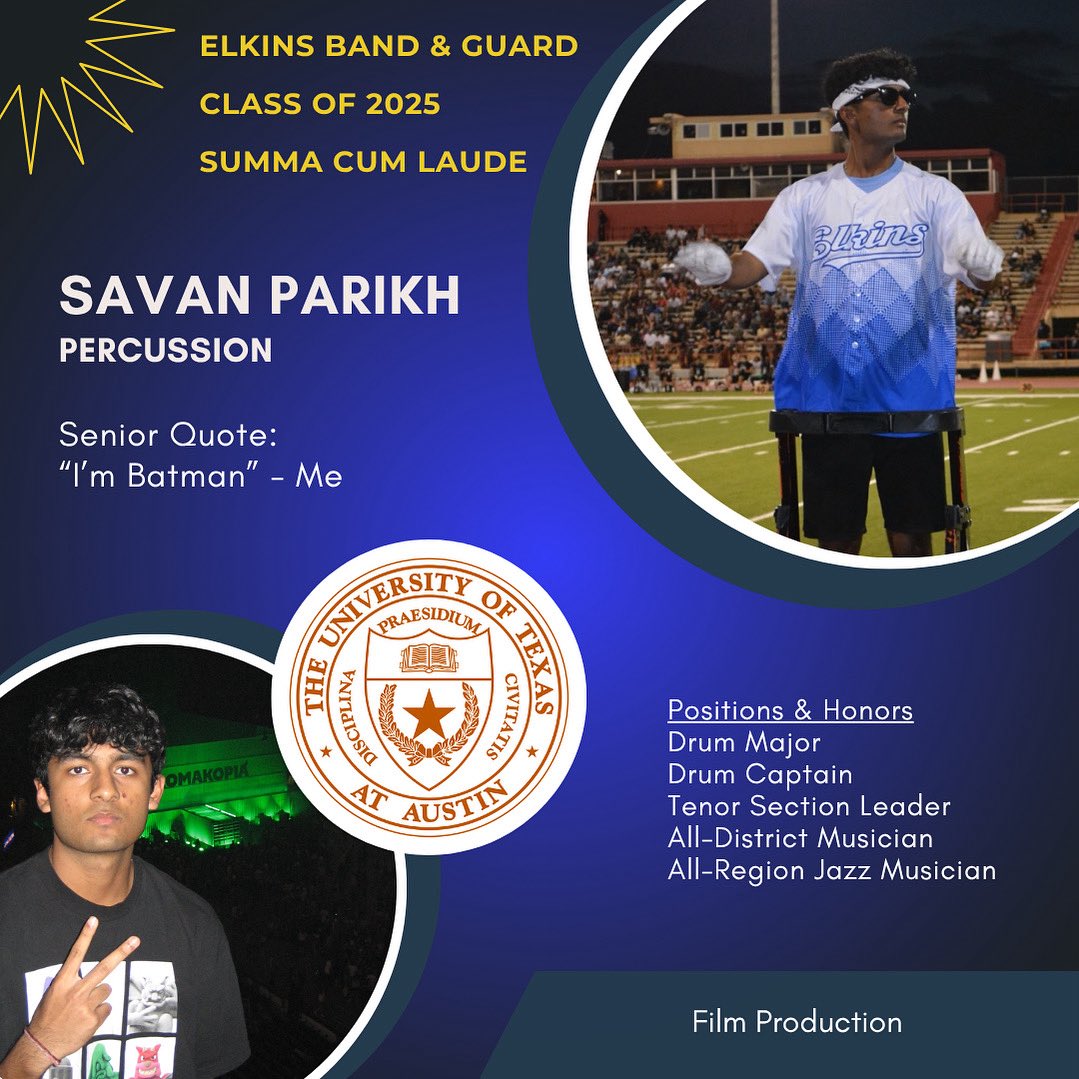 Congratulations to EHS Band Senior &amp; Drum Major, Savan Parikh! 💙💛