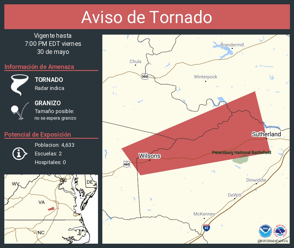 NWSWakefieldVA's tweet photo. Aviso de Tornado incluye Wilsons VA, Sutherland VA hasta las 7:00 PM EDT https://t.co/QeDvpvmeko