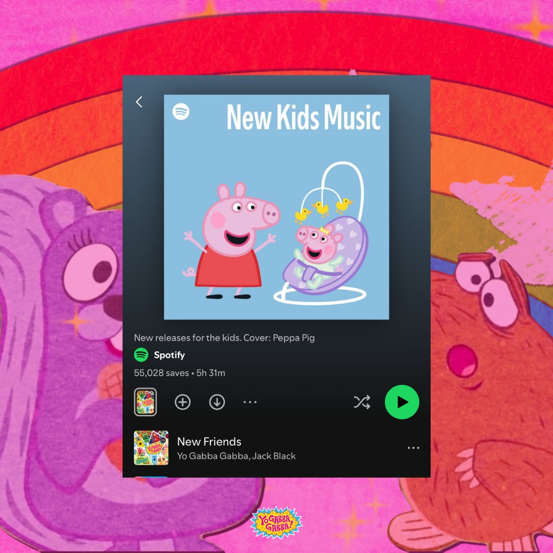 Yo Gabba Gabba! (@yogabbagabba) on Twitter photo Our latest single, “New Friends,” featuring <a href="/jackblack/">Jack Black</a> , is now on Spotify’s New Kids Music Playlist✨
If you're a Spotify user, click the link, hit play, and crank up the volume!🎶
Thank you <a href="/Spotify/">Spotify</a> 🌈 Our latest single, “New Friends,” featuring <a href="/jackblack/">Jack Black</a> , is now on Spotify’s New Kids Music Playlist✨
If you're a Spotify user, click the link, hit play, and crank up the volume!🎶
Thank you <a href="/Spotify/">Spotify</a> 🌈