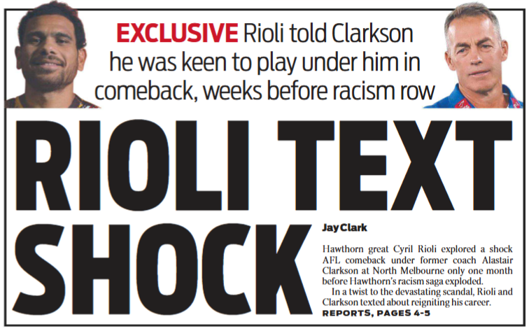 Haven't followed this closely but: wasn't Rioli's problem with Kennett, who insulted his partner by offering her loose change? There was no problem with Clarkson (right?) who offered Cyril a comeback at a new club.  

Nice job leaking the text, whoever. Racism persists; who knew?