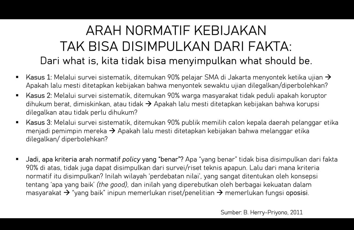 dulu, alm b. herry-priyono ngajari saya satu hal tentang kebijakan publik: 

arah normatif kebijakan tak bisa disimpulkan dari fakta. dari what is, kita tidak bisa menyimpulkan what should be.