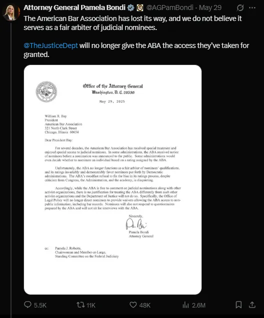 MarioNawfal's tweet photo. 🚨🇺🇸 AG BONDI CUTS OFF ABA'S JUDICIAL VETTING POWER: "THEY'VE LOST THEIR WAY"

Attorney General Pam Bondi just ended the American Bar Association's decades-long monopoly on vetting federal judges, calling them politically biased:

"The American Bar Association has lost its way, and we do not believe it serves as a fair arbiter of judicial nominees.

@TheJusticeDept will no longer give the ABA the access they've taken for granted."

In her letter to ABA President William Bay, Bondi wrote that the ABA has abandoned political neutrality and now "advance[s] the interests of their ideological allies."

The Justice Department will no longer provide the ABA early access to judicial nominees' background info, treating them like any other advocacy group instead of a privileged gatekeeper.

This breaks a tradition dating back decades where the ABA essentially had veto power over federal judges through their "rating" system. 

The legal establishment's stranglehold on judicial appointments just got shattered. 

Source: @AGPamBondi
