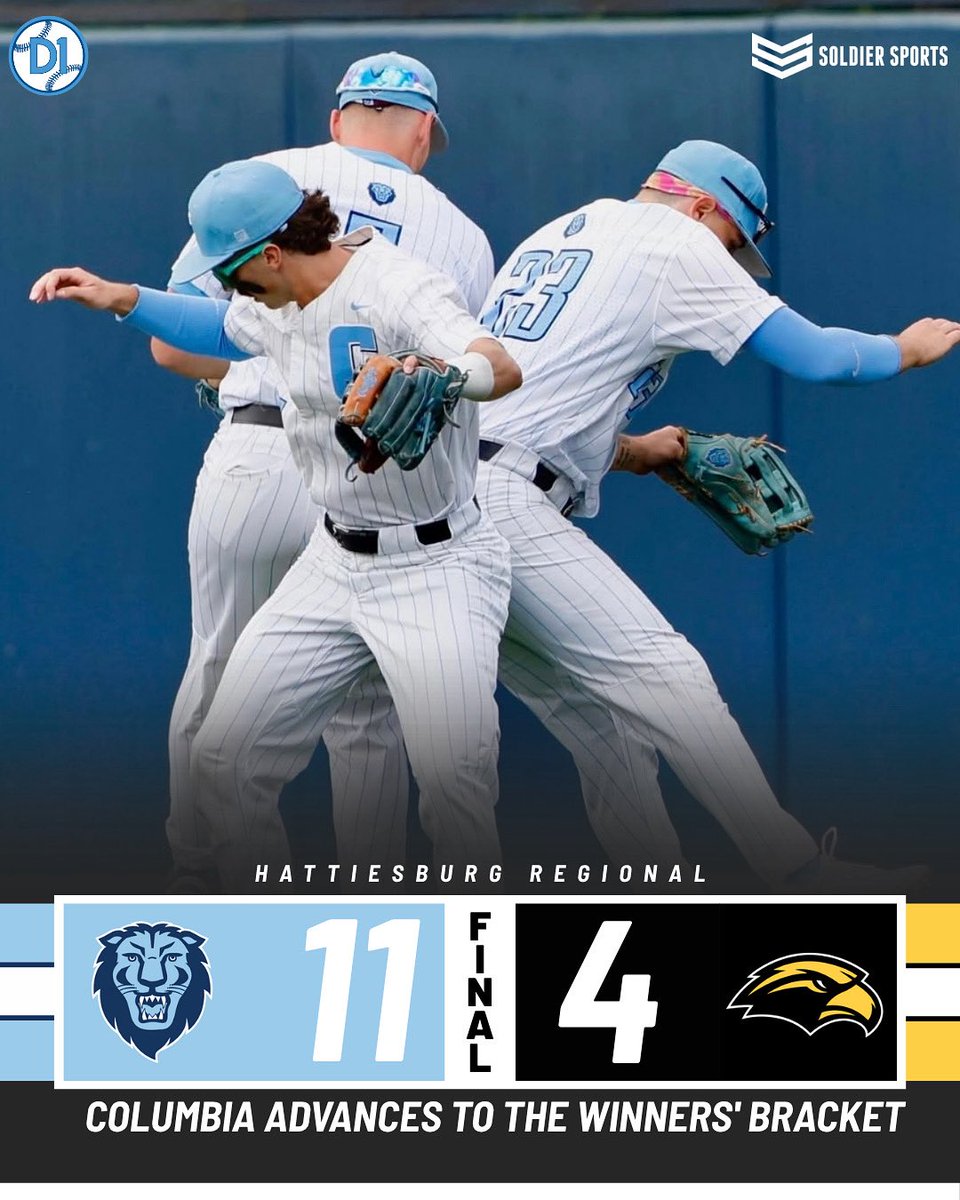 Mid-Majors on D1Baseball (@midmajors_d1) on Twitter photo 𝐋𝐢𝐨𝐧𝐬 𝐭𝐚𝐤𝐞 𝐝𝐨𝐰𝐧 𝐭𝐡𝐞 𝐄𝐚𝐠𝐥𝐞𝐬 🦁
Columbia takes the W over Southern Miss to advance to the winners bracket!
🤝<a href="/soldier_sports/">SOLDIER SPORTS</a> 𝐋𝐢𝐨𝐧𝐬 𝐭𝐚𝐤𝐞 𝐝𝐨𝐰𝐧 𝐭𝐡𝐞 𝐄𝐚𝐠𝐥𝐞𝐬 🦁
Columbia takes the W over Southern Miss to advance to the winners bracket!
🤝<a href="/soldier_sports/">SOLDIER SPORTS</a>