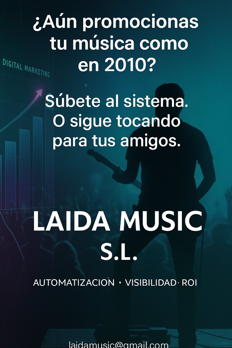 ¿Aún promocionas tu música como en 2010? Súbete al sistema. O sigue tocando para tus amigos."

"Still promoting your music like it’s 2010?

Plug into the system — or keep playing for your friends."

Laida Music S.L.

Automation. Visibility. ROI.