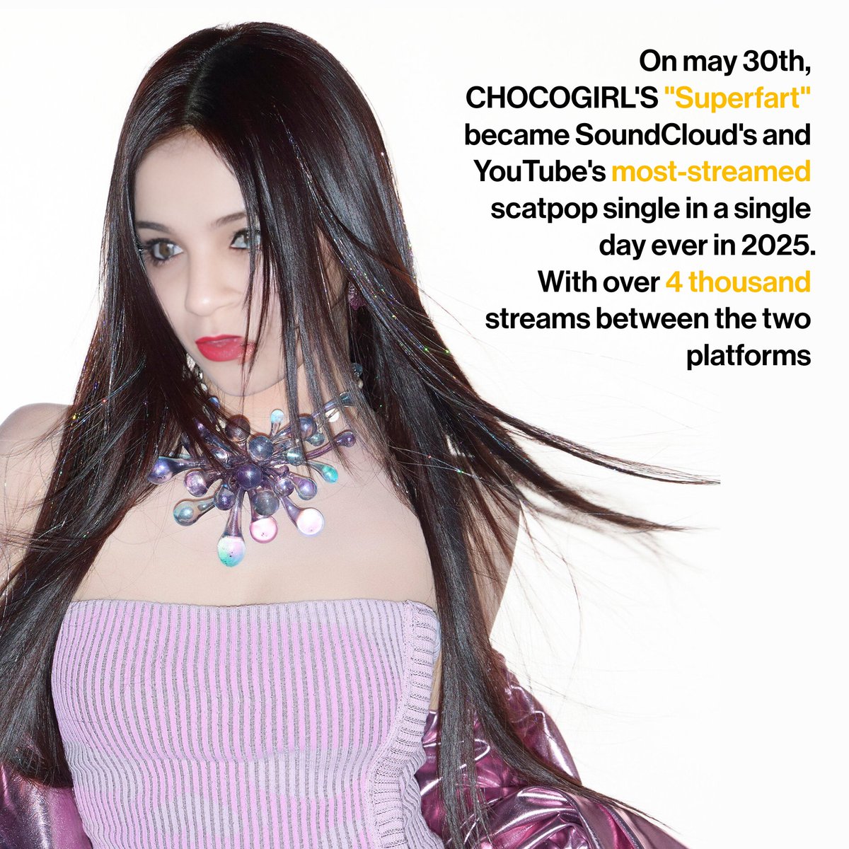 [📉] · Em 30 de maio, "Superfart", das CHOCOGIRLS, se tornou o single de scatpop mais transmitido em um único dia no SoundCloud e no YouTube em 2025.

Com mais de 4 mil transmissões entre as duas plataformas 

#CHOCOGIRLS #Superfart #NewMfx