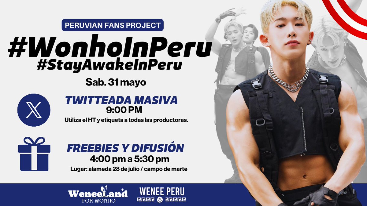 WONHO IN LATAM: QUEREMOS A WONHO EN PERÚ🐰🇵🇪

¡#WENEE, HAGAMOS RUIDO! Estaremos entregando freebies para promocionar a Wonho y lograr traerlo a tierras peruanas🤩

Y a las 9pm la twitteada masiva con los ht #WonhoInPeru #StayAwakeInPeru

Realizado por <a href="/weneelandperu/">WENEELAND</a> y <a href="/WeneePeru/">Wenee Peru</a>