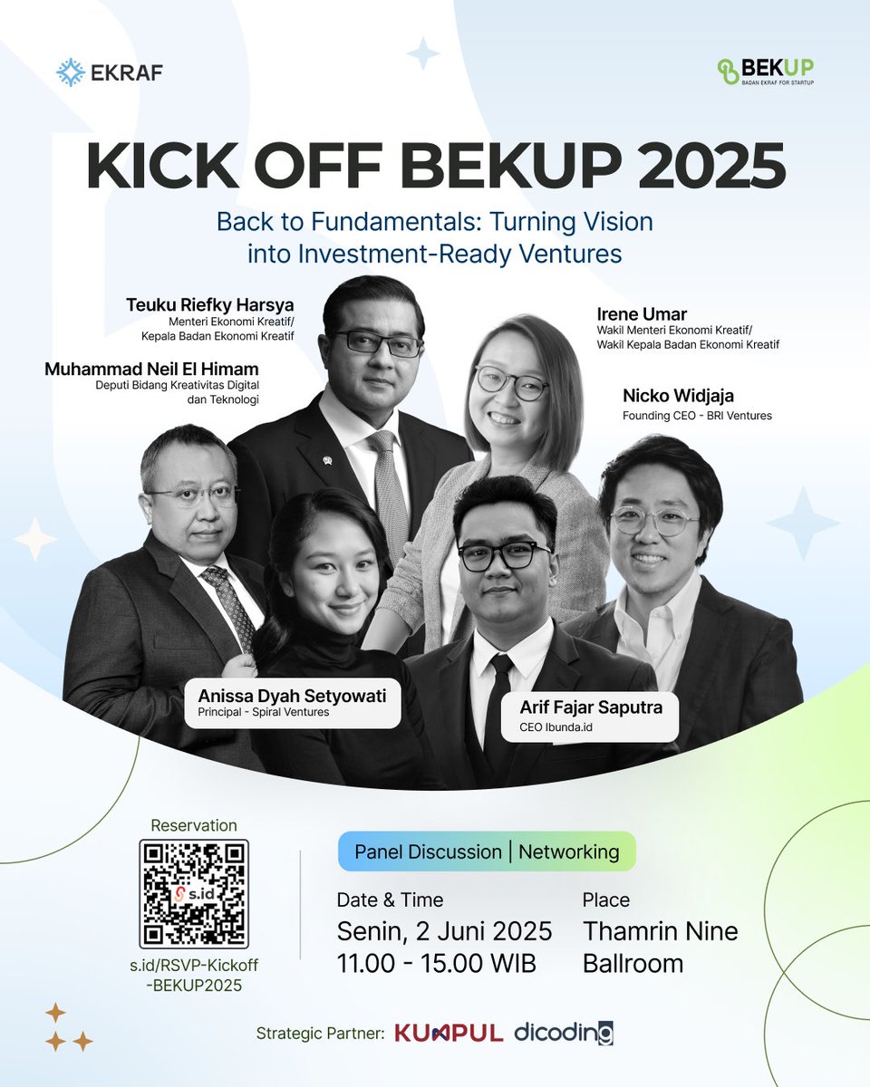Kementerian Ekonomi Kreatif RI (@ekraf_ri) on Twitter photo Kabar gembira untuk seluruh startup di Indonesia! Program Badan Ekraf for Startup (BEKUP) 2025 akan segera dimulai! Jangan lewatkan Kick Off BEKUP 2025 yang akan menjadi penanda resmi dimulainya program inovatif ini.
Catat tanggalnya: 
🗓️ Senin, 2 Juni 2025 | 11.00 - 15.00 WIB Kabar gembira untuk seluruh startup di Indonesia! Program Badan Ekraf for Startup (BEKUP) 2025 akan segera dimulai! Jangan lewatkan Kick Off BEKUP 2025 yang akan menjadi penanda resmi dimulainya program inovatif ini.
Catat tanggalnya: 
🗓️ Senin, 2 Juni 2025 | 11.00 - 15.00 WIB