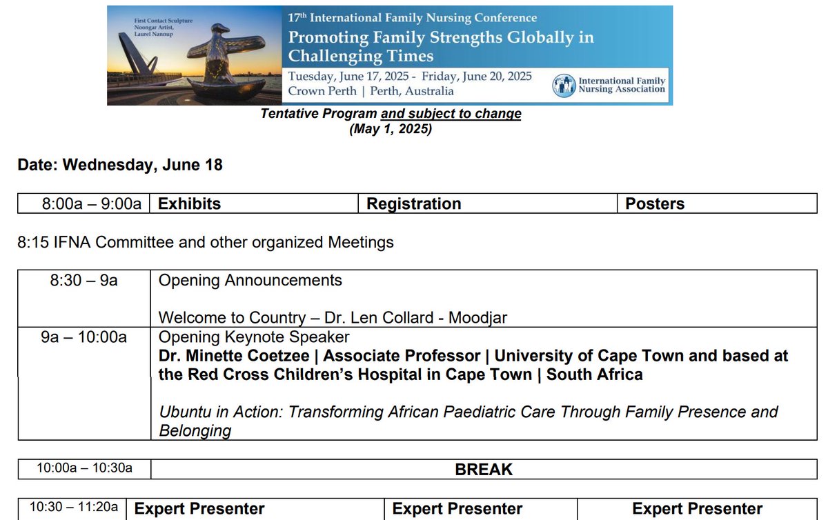 IntlFamNursingAssoc (@ifnaorg) on Twitter photo IFNC17-Conference Schedule
The 17th International Family Nursing Conference (IFNC17) will be held from June 17 to 20, 2025, in Perth, Australia. Preliminary Agenda
internationalfamilynursing.org/wp-content/upl…
<a href="/AprilKapu/">April Kapu, DNP, ACNP-BC</a> <a href="/Junko_H/">Junko H., RN, PhD, MBA, CTN-A</a> <a href="/IFNAUKIreland/">IFNA - UK and Ireland Chapter</a> IFNC17-Conference Schedule
The 17th International Family Nursing Conference (IFNC17) will be held from June 17 to 20, 2025, in Perth, Australia. Preliminary Agenda
internationalfamilynursing.org/wp-content/upl…
<a href="/AprilKapu/">April Kapu, DNP, ACNP-BC</a> <a href="/Junko_H/">Junko H., RN, PhD, MBA, CTN-A</a> <a href="/IFNAUKIreland/">IFNA - UK and Ireland Chapter</a>